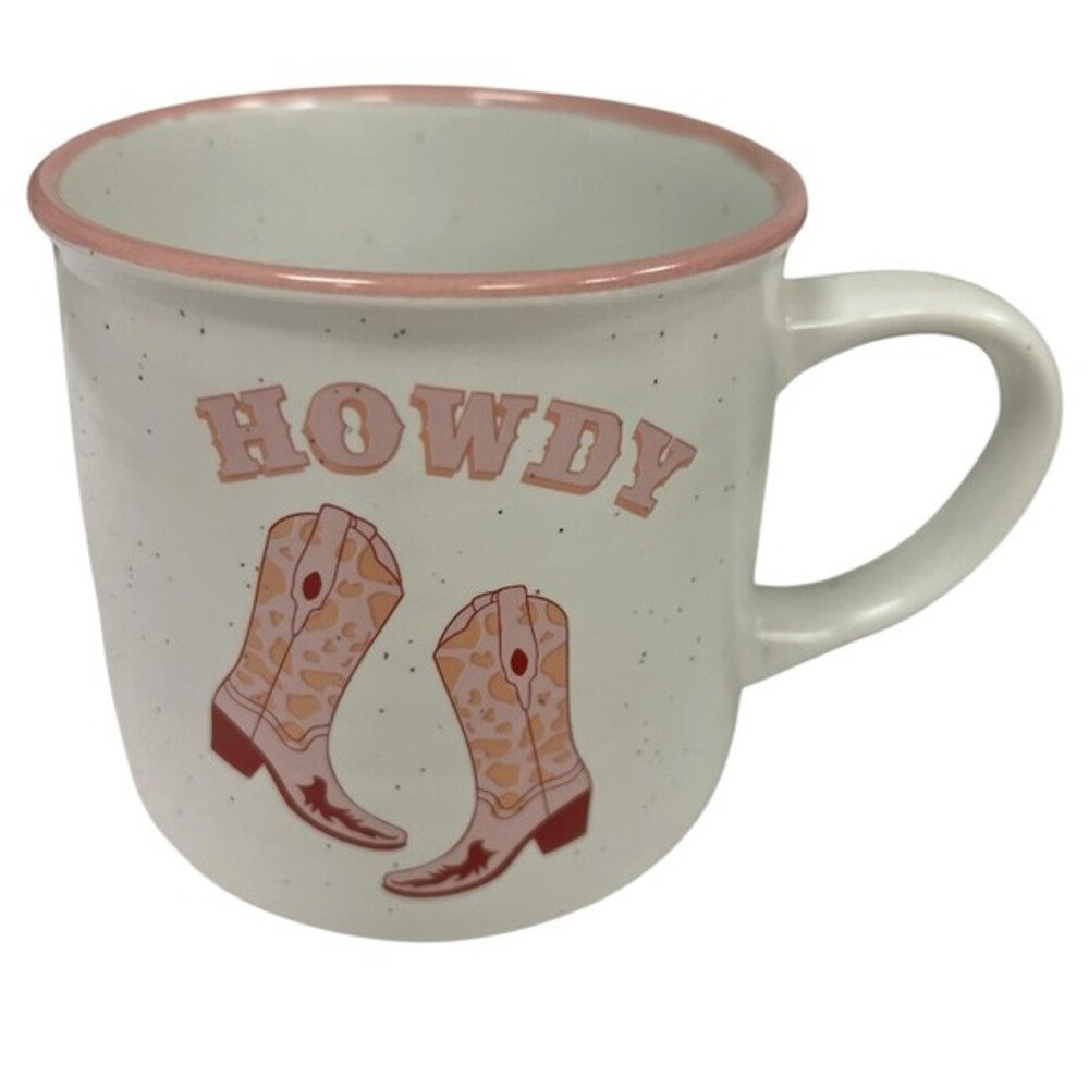 Howdy Cowgirl Boot Coffee Mug White Speckled Pink Rim Cup